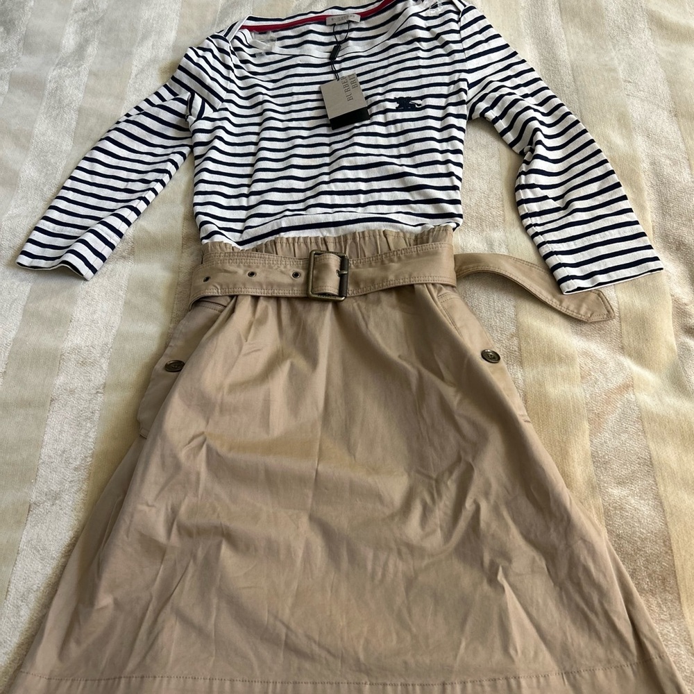 Burberry Navy Striped Top and Beige A-Line Skirt